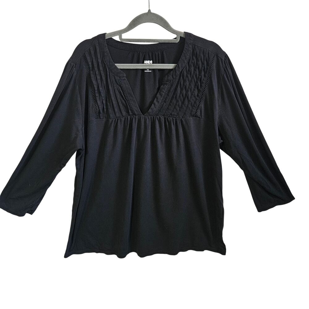 Lands End Smocked Front Babydoll Blouse Solid Black Elevated Casual Basic Size L